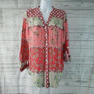 Olive Hill‎ Womens Button Front Top Sz Medium Pink Red Floral Tabbed Sleeves